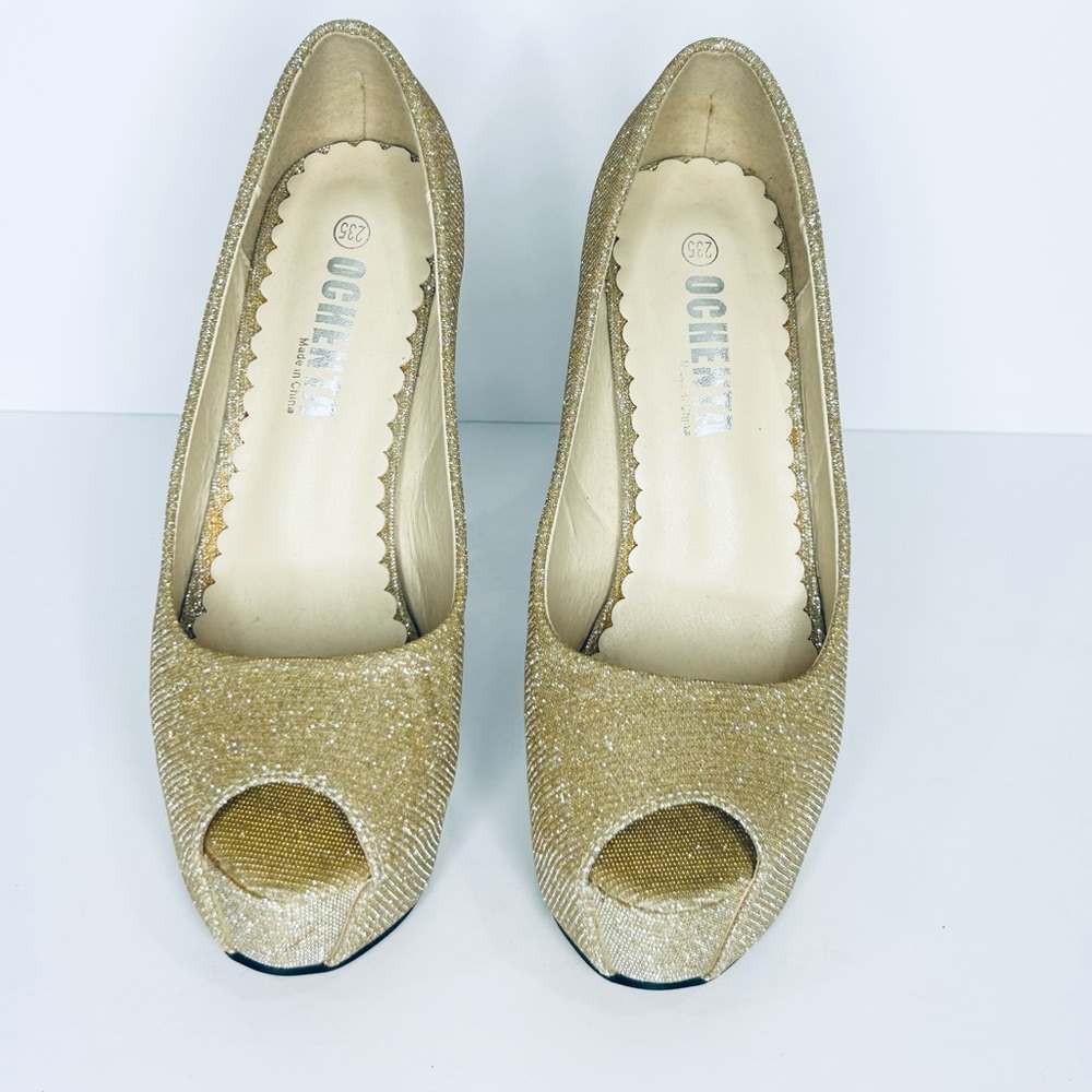 Elegant Gold Peep-Toe High Heels Platform Size 6.5 - Picture 3 of 8